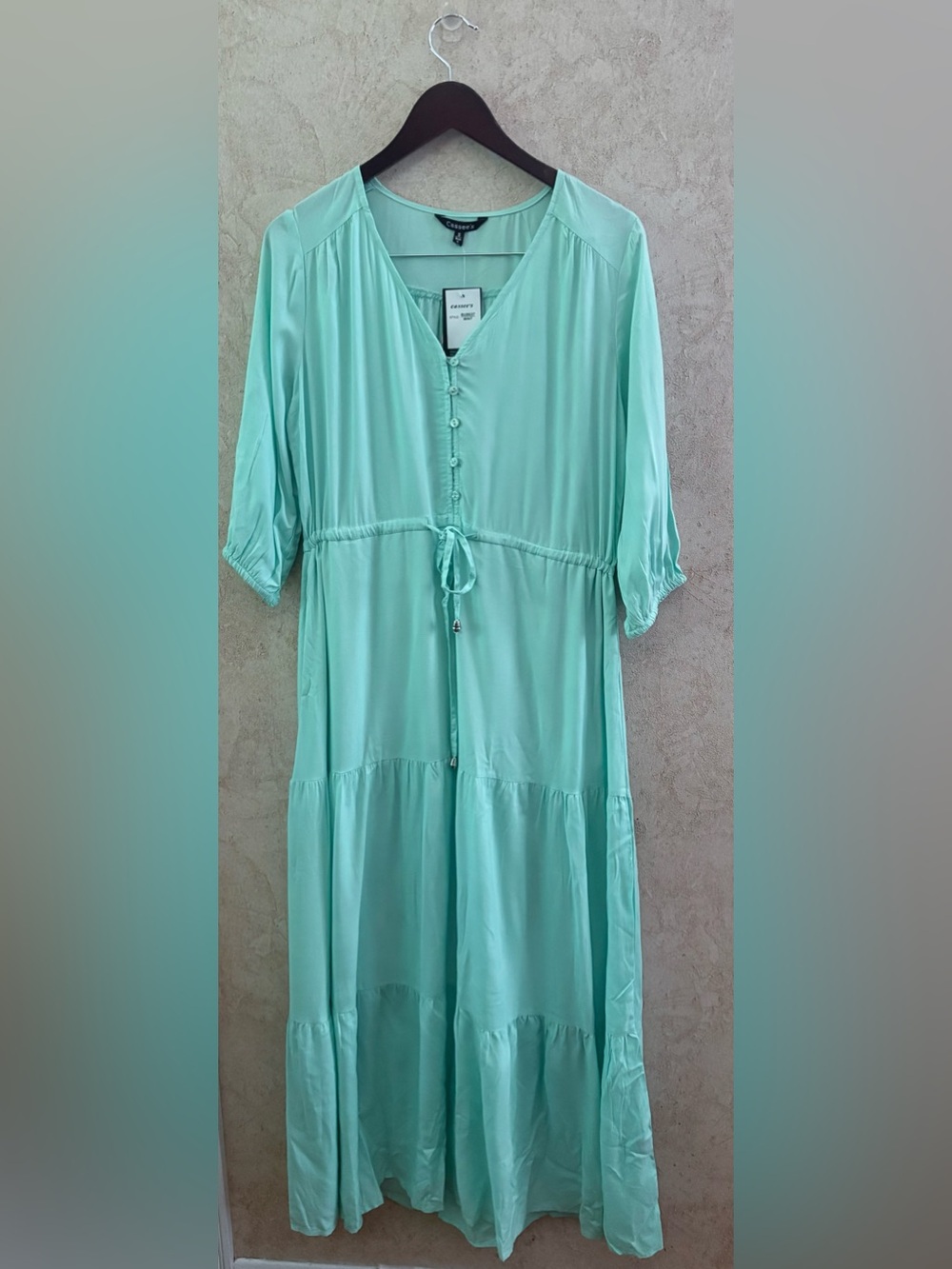 Cassee’s Mint Tiered Button-Front Maxi Dress with Drawstring